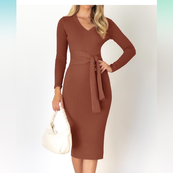 Sweater Dress V Neck Long Sleeve Ribbed Knit Slim Fit Bodycon Midi Dresses - Picture 3 of 4